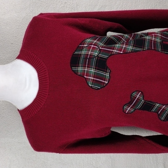 Leon Levin Hand Loomed Red Plaid Dog Applique Crew Neck Pullover Sweater Top - Picture 2 of 16